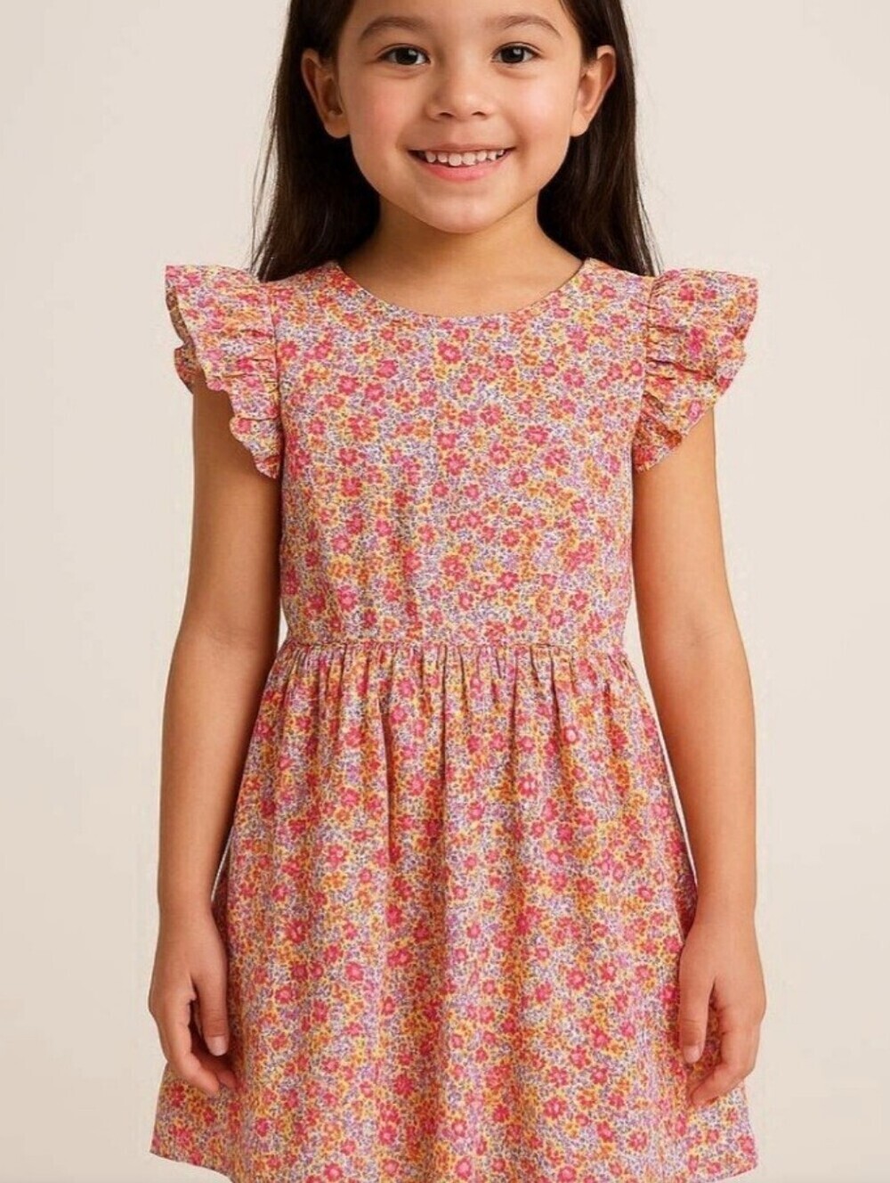 CREWCUTS DITZY FLORAL ,FLUTTER SLEEVE DRESS. SIZE 14. PINK BLUE, AND ORANGE